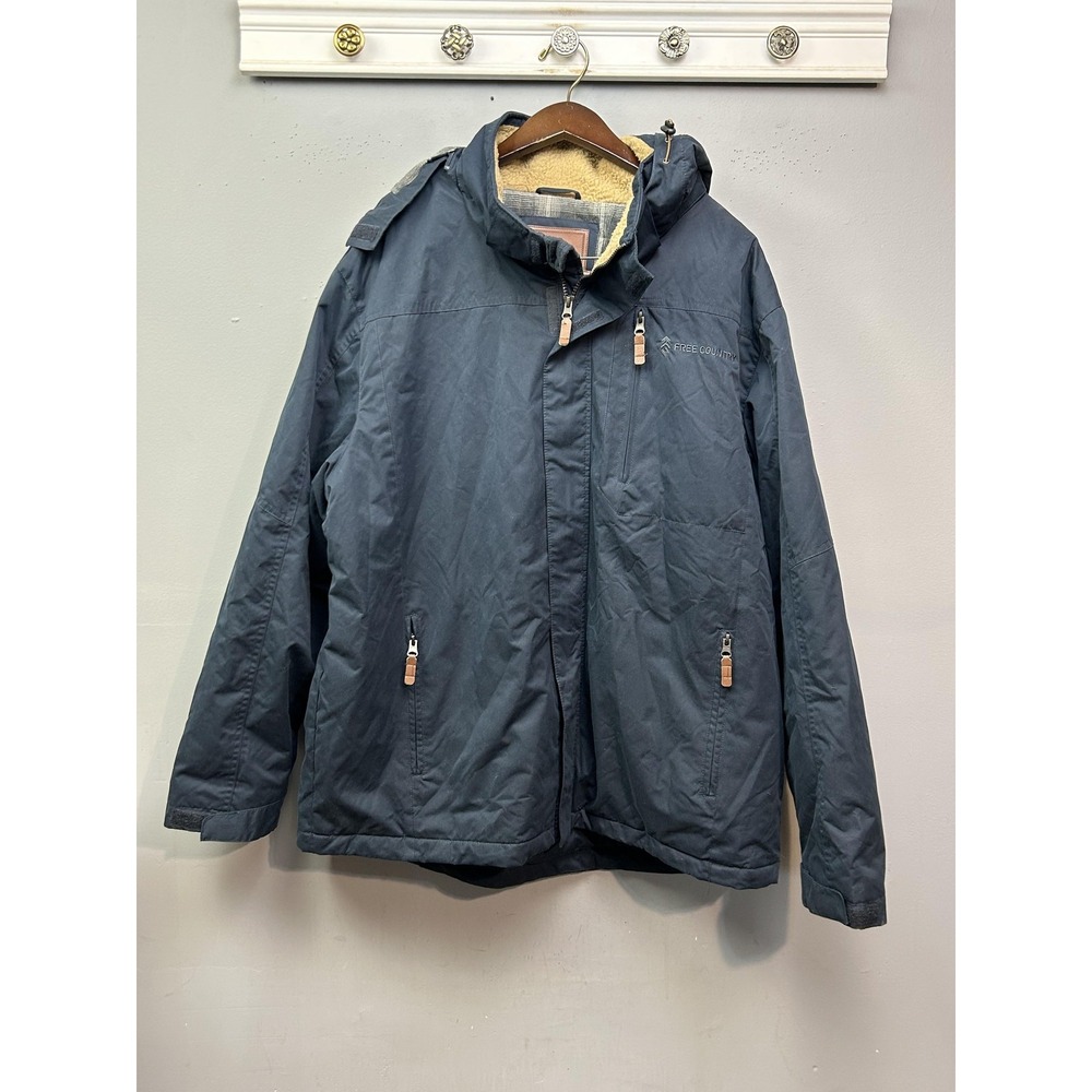 Free Country Jacket Mens 2XL Blue Hooded Parka‎ Sherpa Lined Quilted Coat